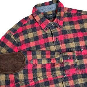 J. Crew Men's Plaid Flannel Shirt S Red Black Tan Wool Blend Suede Elbow Patches